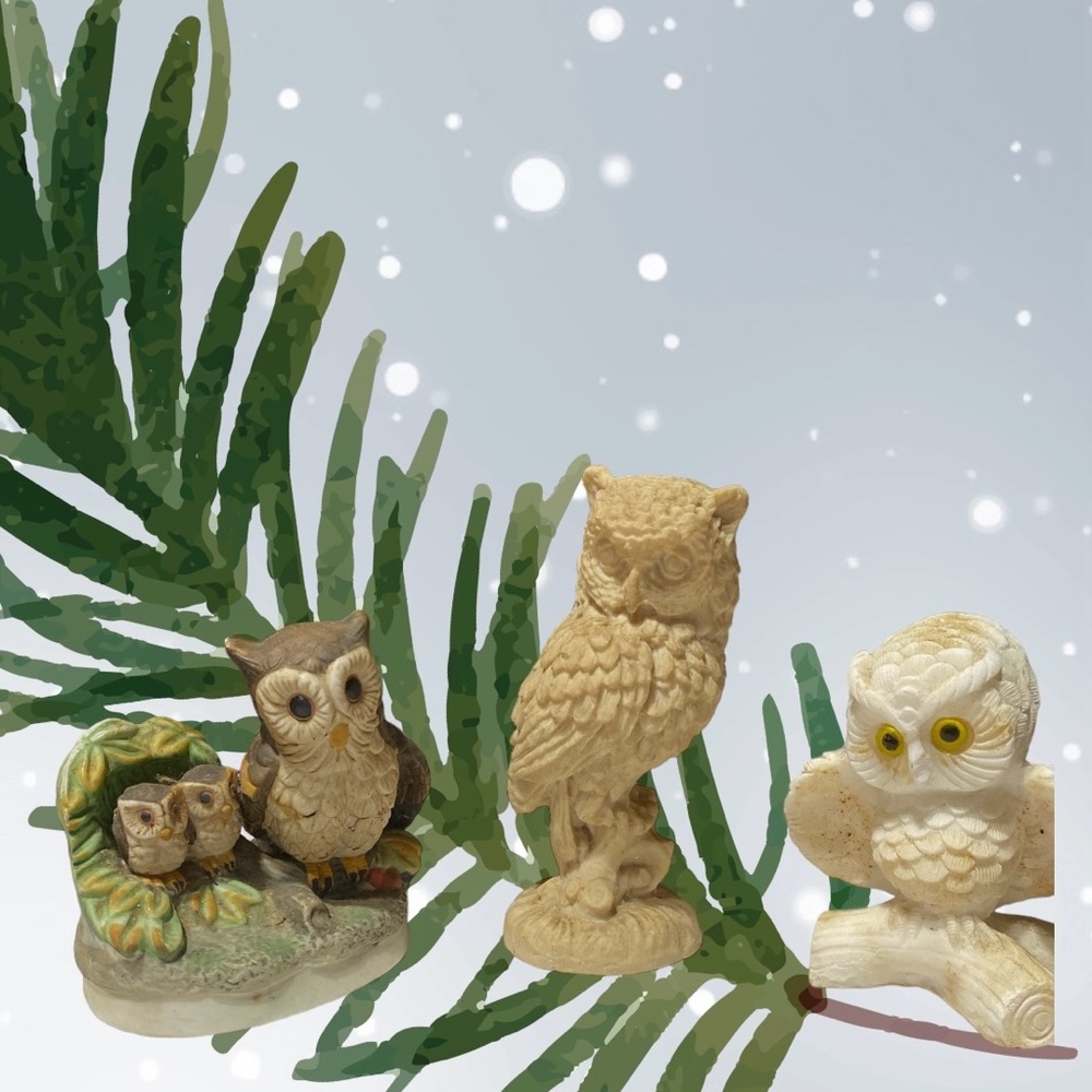 Three ceramic owls.  Tallest is 7 inches